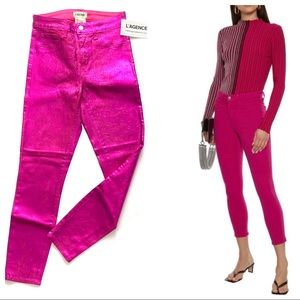 L'AGENCE Coated Foil Metallic Stretch High Rise Skinny Jeans Hot Pink 25